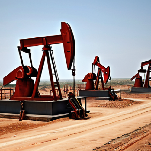 Home 4 **Angola's Oil Dependence:** A stark contrast illustrating Angola's economy heavily reliant on oil derricks against a backdrop of fluctuating global oil prices, symbolizing economic vulnerability.