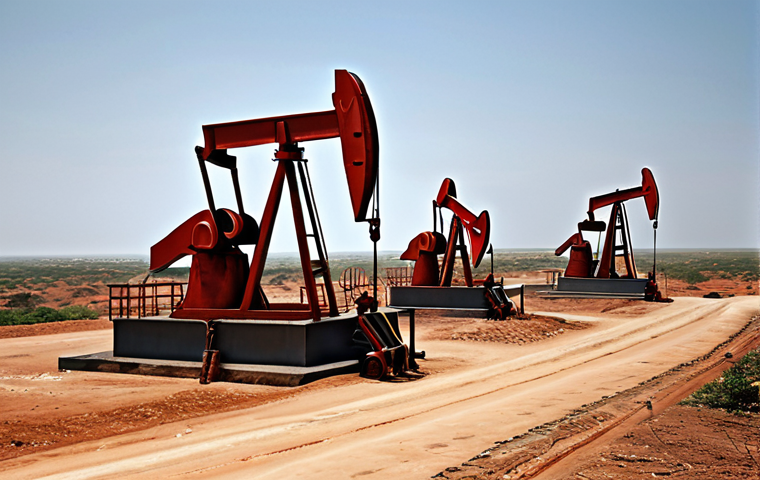 **Angola's Oil Dependence:** A stark contrast illustrating Angola's economy heavily reliant on oil derricks against a backdrop of fluctuating global oil prices, symbolizing economic vulnerability.