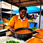 A vibrant scene at the São Paulo Market in Luanda, Angola, showcasing a bustling street food stall. An Angolan adult woman, serving as the vendor, is proudly presenting steaming pots of Muamba de Galinha and Moamba de Peixe. The Muamba de Galinha features rich, reddish-orange palm oil stew with tender chicken, okra, and sweet potato, while the Moamba de Peixe highlights flaky fish in a similar sauce, alongside funge and white rice. Customers in appropriate attire are visible in the lively background. Professional photography, high resolution, perfect anatomy, correct proportions, natural pose, well-formed hands, proper finger count, natural body proportions, safe for work, appropriate content, fully clothed, modest clothing, family-friendly.