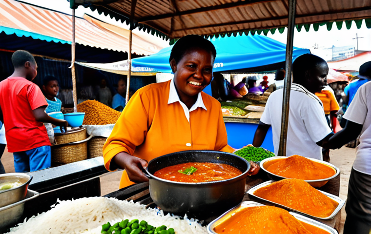 A vibrant scene at the São Paulo Market in Luanda, Angola, showcasing a bustling street food stall. An Angolan adult woman, serving as the vendor, is proudly presenting steaming pots of Muamba de Galinha and Moamba de Peixe. The Muamba de Galinha features rich, reddish-orange palm oil stew with tender chicken, okra, and sweet potato, while the Moamba de Peixe highlights flaky fish in a similar sauce, alongside funge and white rice. Customers in appropriate attire are visible in the lively background. Professional photography, high resolution, perfect anatomy, correct proportions, natural pose, well-formed hands, proper finger count, natural body proportions, safe for work, appropriate content, fully clothed, modest clothing, family-friendly.