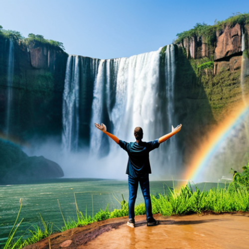 A diverse couple, fully clothed in modest, professional outdoor adventure attire, standing side-by-side at a safe viewing distance. The majestic Kalandula Falls in Angola is the backdrop, with water cascading powerfully into a vast pool, generating fine mist and a subtle rainbow. Lush green vegetation surrounds the falls under natural, bright lighting. The couple is in a natural pose, standing slightly apart, looking towards the magnificent waterfall with expressions of awe and wonder. Professional nature photography, high resolution, sharp focus, vibrant colors, epic scale, breathtaking, serene. perfect anatomy, correct proportions, natural body proportions, well-formed hands, proper finger count, natural pose, fully clothed, appropriate attire, modest clothing, safe for work, appropriate content, family-friendly.