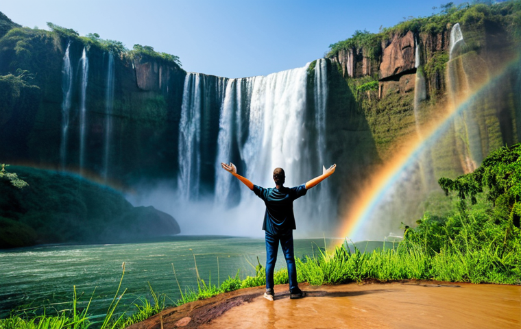 A diverse couple, fully clothed in modest, professional outdoor adventure attire, standing side-by-side at a safe viewing distance. The majestic Kalandula Falls in Angola is the backdrop, with water cascading powerfully into a vast pool, generating fine mist and a subtle rainbow. Lush green vegetation surrounds the falls under natural, bright lighting. The couple is in a natural pose, standing slightly apart, looking towards the magnificent waterfall with expressions of awe and wonder. Professional nature photography, high resolution, sharp focus, vibrant colors, epic scale, breathtaking, serene. perfect anatomy, correct proportions, natural body proportions, well-formed hands, proper finger count, natural pose, fully clothed, appropriate attire, modest clothing, safe for work, appropriate content, family-friendly.
