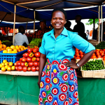 A professional Angolan businesswoman in her 40s, dressed in a vibrant, modest Angolan print skirt and a crisp, collared blouse, standing confidently at her bustling stall in a lively outdoor market. She is surrounded by an abundance of fresh, colorful produce and beautifully arranged traditional textiles, engaging a customer with a welcoming and professional expression. The market scene is full of natural daylight, depicting the vibrant local economy. safe for work, appropriate content, fully clothed, modest clothing, perfect anatomy, correct proportions, natural pose, well-formed hands, proper finger count, natural body proportions, professional photography, high quality.
