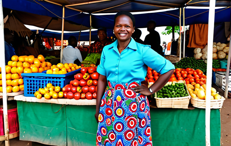 A professional Angolan businesswoman in her 40s, dressed in a vibrant, modest Angolan print skirt and a crisp, collared blouse, standing confidently at her bustling stall in a lively outdoor market. She is surrounded by an abundance of fresh, colorful produce and beautifully arranged traditional textiles, engaging a customer with a welcoming and professional expression. The market scene is full of natural daylight, depicting the vibrant local economy. safe for work, appropriate content, fully clothed, modest clothing, perfect anatomy, correct proportions, natural pose, well-formed hands, proper finger count, natural body proportions, professional photography, high quality.